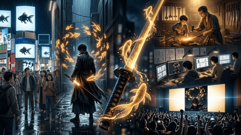 Kagurabachi anime 2027 collage featuring cinematic scenes of swordsman, glowing katana, golden energy fish, emotional flashbacks, and global anime hype visuals