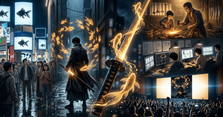 Kagurabachi anime 2027 collage featuring cinematic scenes of swordsman, glowing katana, golden energy fish, emotional flashbacks, and global anime hype visuals