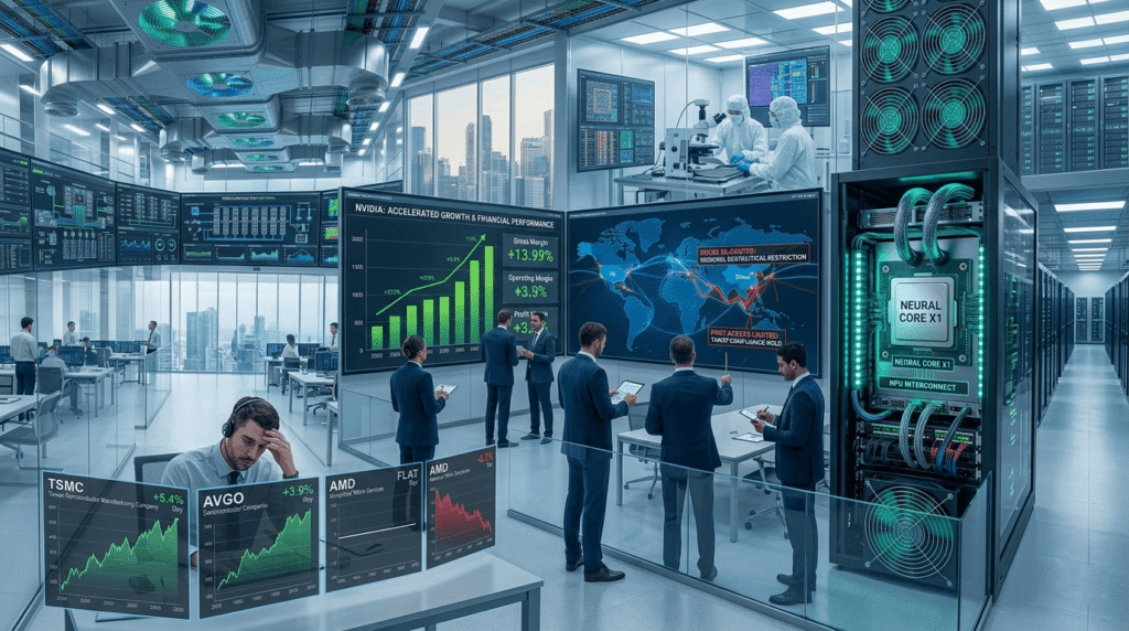Futuristic AI data center and corporate meeting showing NVIDIA growth charts, global trade restrictions, and advanced chip development in a modern tech environment
NVIDIA Stock Analysis 7 Powerful Reasons It’s Stuck