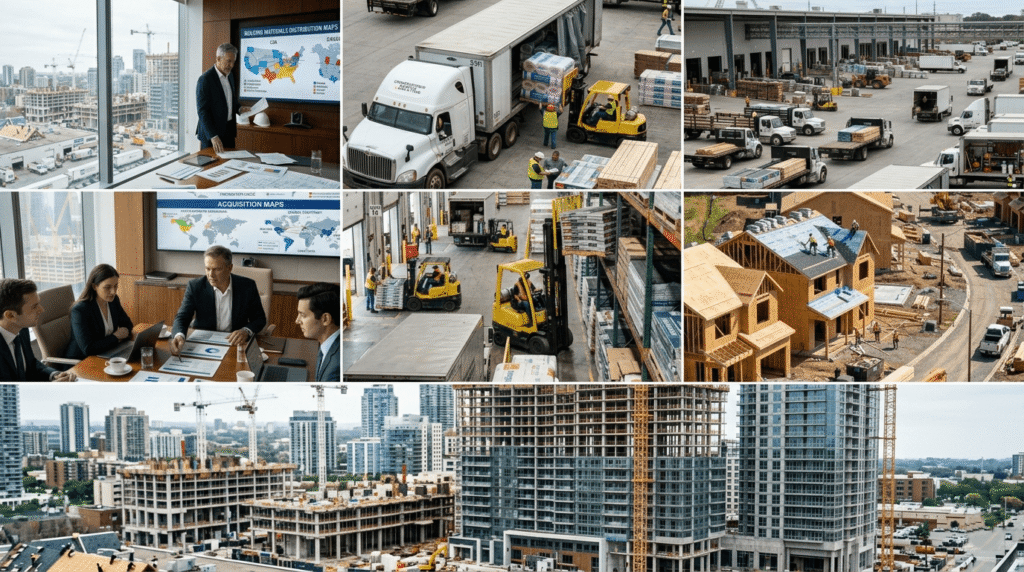 Business executive reviewing QXO TopBuild acquisition strategy with construction site and logistics map in modern office