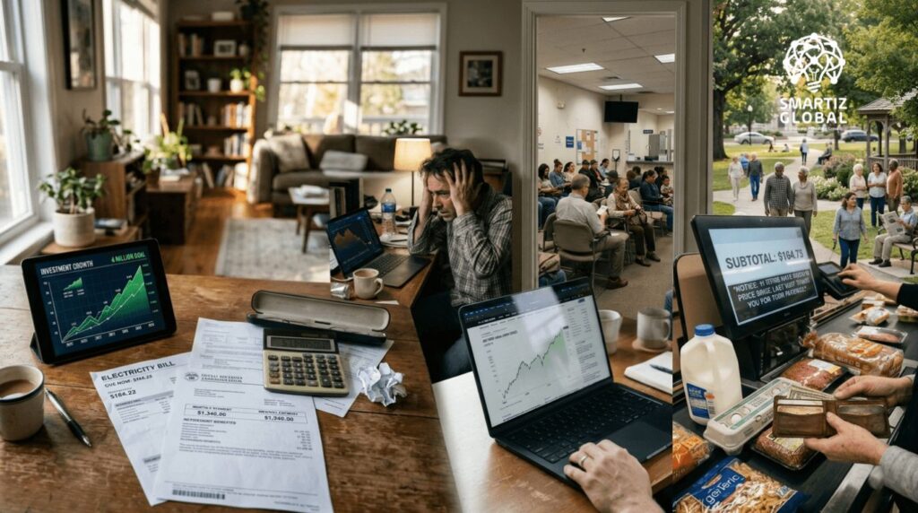 Social Security Millionaire:
Senior American reviewing Social Security benefits showing gap between $4 million investment potential and $2,000 monthly retirement income reality
