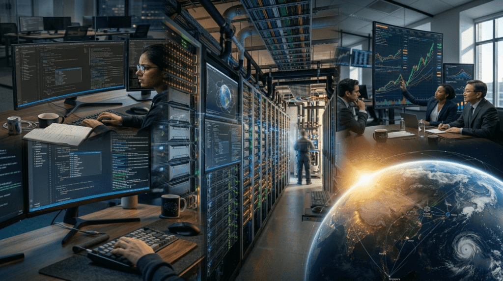 Collage showing AI coding workstation, data center servers, business strategy meeting, financial growth charts, and global satellite network visualization