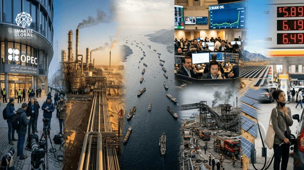 Dramatic oil tanker in Strait of Hormuz during global oil crisis with UAE OPEC exit and rising oil prices in 2026