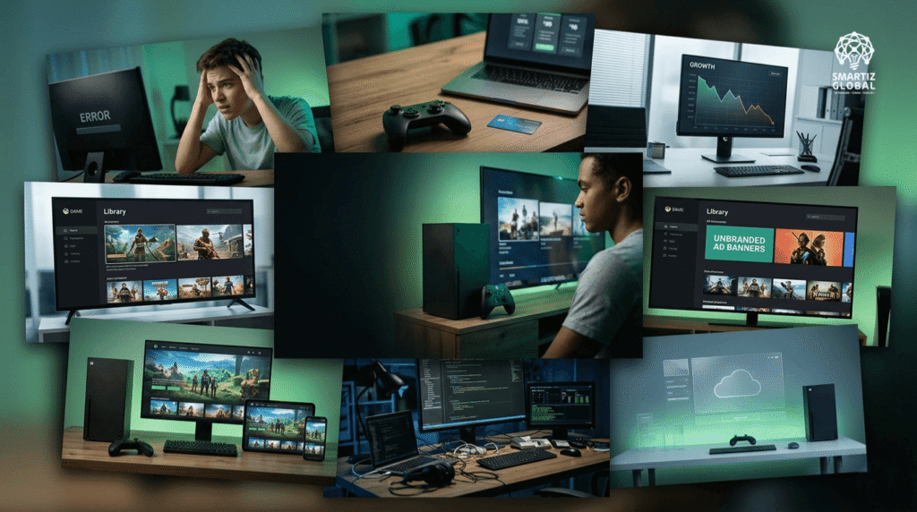 Xbox Game Pass 2026 7 Shocking Changes You Must Know Collage of Xbox gaming scenes showing pricing issues, user frustration, ads in games, platform ecosystem, declining growth, and future cloud gaming setup.