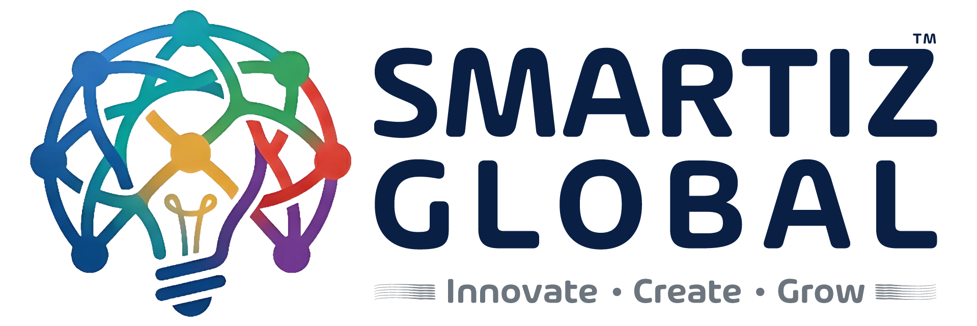 Smartiz Global logo with colorful network globe and lightbulb symbol representing innovation, creativity, and growth