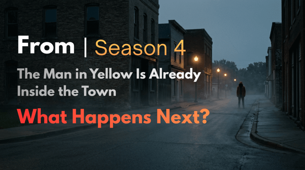 Dark small town at dusk with mysterious Man in Yellow figure standing in shadows, representing From Season 4 storyline