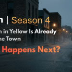 Dark small town at dusk with mysterious Man in Yellow figure standing in shadows, representing From Season 4 storyline
