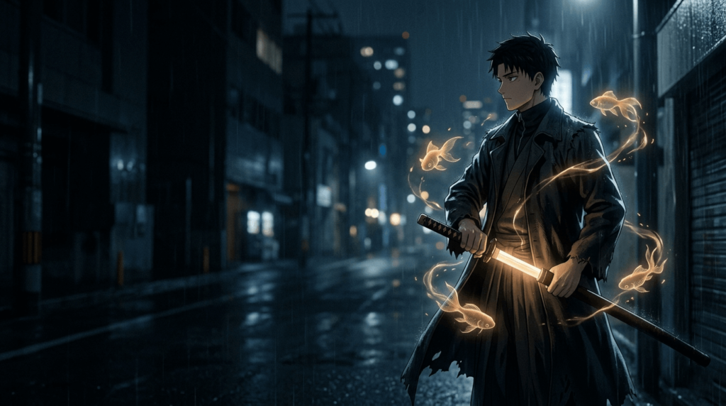 Kagurabachi anime 2027 feature image showing a dark cinematic swordsman holding a glowing katana with golden energy fish in a moody night setting