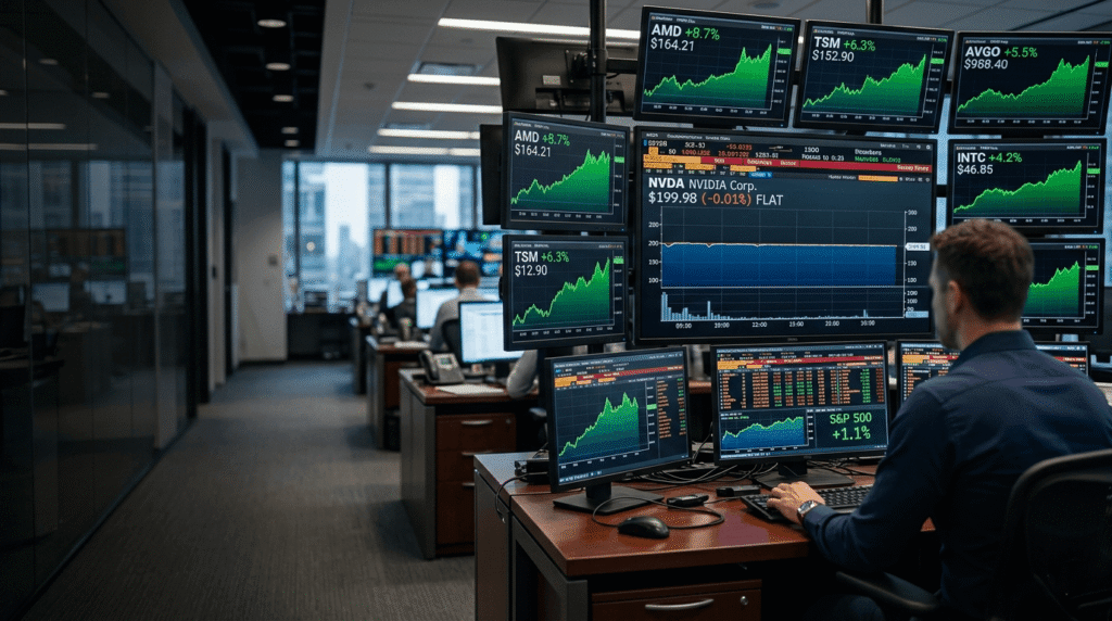 Trader analyzing multiple stock screens showing NVIDIA flat performance while AMD, TSM, and Broadcom stocks rise in a modern trading office