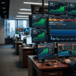 Trader analyzing multiple stock screens showing NVIDIA flat performance while AMD, TSM, and Broadcom stocks rise in a modern trading office