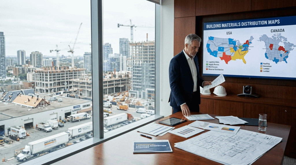 Business executive reviewing QXO TopBuild acquisition strategy with construction site and logistics map in modern office