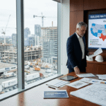 Business executive reviewing QXO TopBuild acquisition strategy with construction site and logistics map in modern office