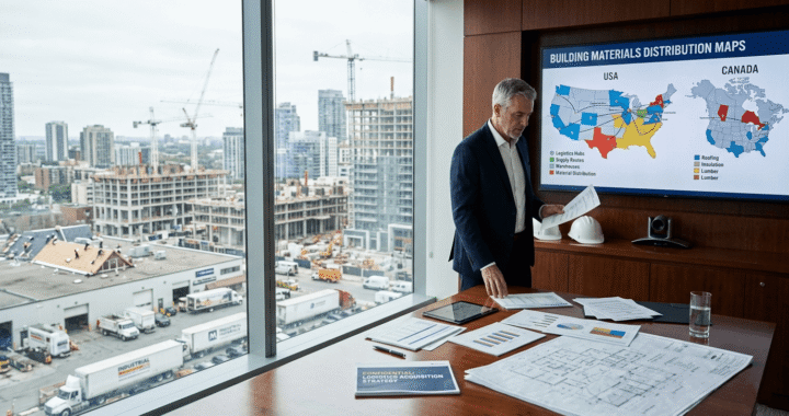 Business executive reviewing QXO TopBuild acquisition strategy with construction site and logistics map in modern office