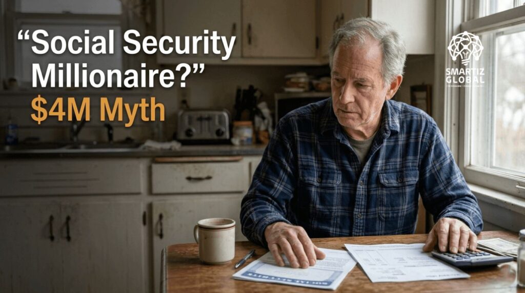 Senior American reviewing Social Security benefits showing gap between $4 million investment potential and $2,000 monthly retirement income reality