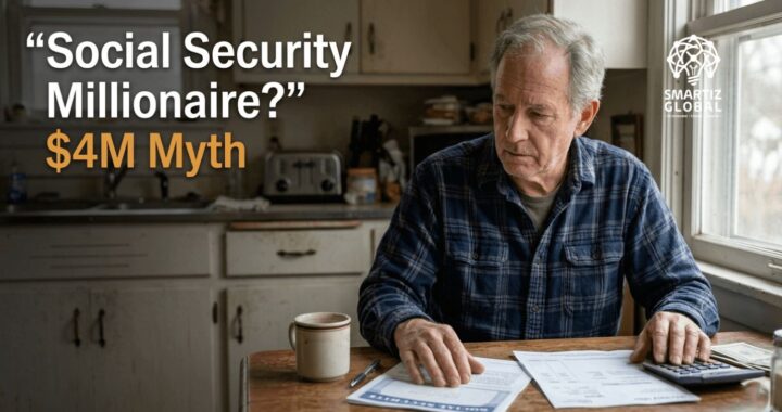 Senior American reviewing Social Security benefits showing gap between $4 million investment potential and $2,000 monthly retirement income reality
