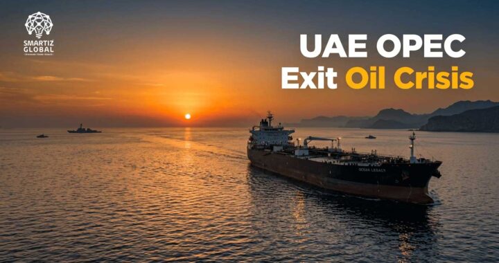 Oil tanker in Strait of Hormuz during global oil crisis with UAE OPEC exit and rising oil prices in 2026