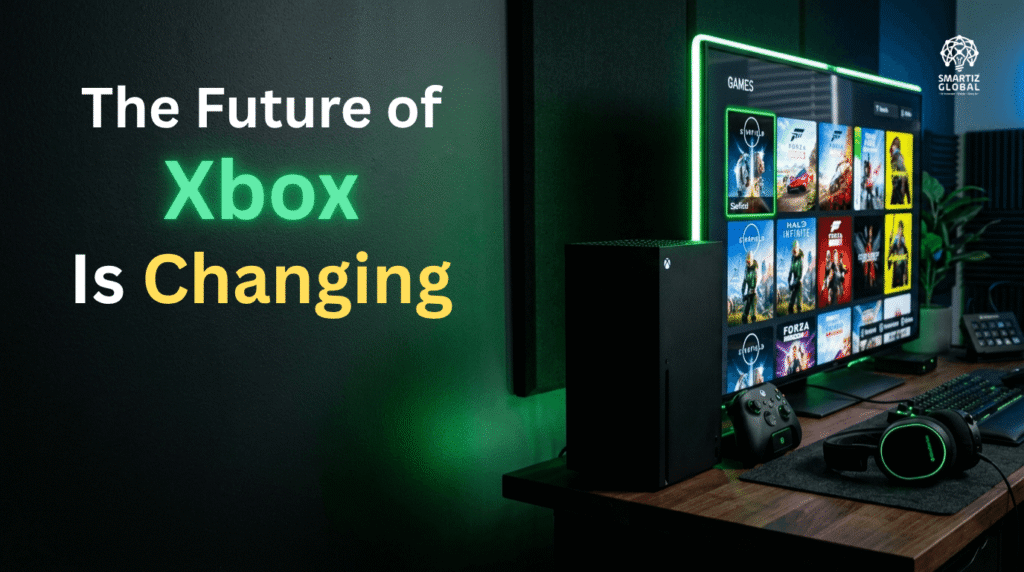 Modern Xbox gaming setup with console, controller, and screen showing game library, highlighting the future changes in Xbox platform.