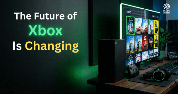Modern Xbox gaming setup with console, controller, and screen showing game library, highlighting the future changes in Xbox platform.