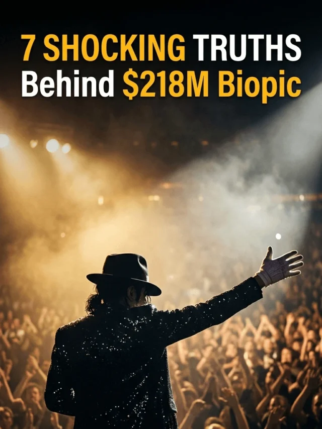 Michael Jackson biopic concert scene with cheering audience and cinematic stage lights representing $218M opening weekend success and controversy