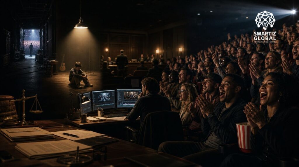 Michael Jackson Biopic: 
Michael Jackson biopic concert scene with cheering audience and cinematic stage lights representing $218M opening weekend success and controversy
Smartiz Global